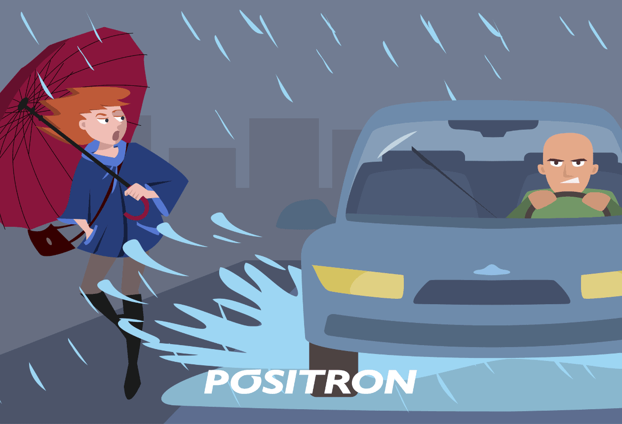 desenho de carro passando em uma poça e molhando o pedestre