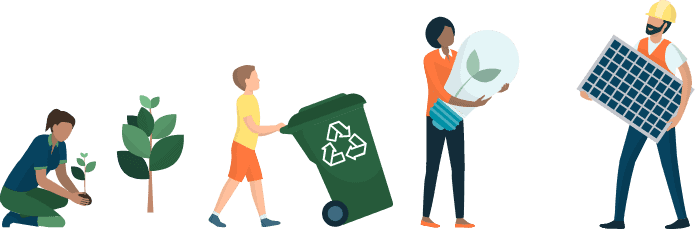 Ilustração de pessoas plantando, reciclando e instalando painel solar